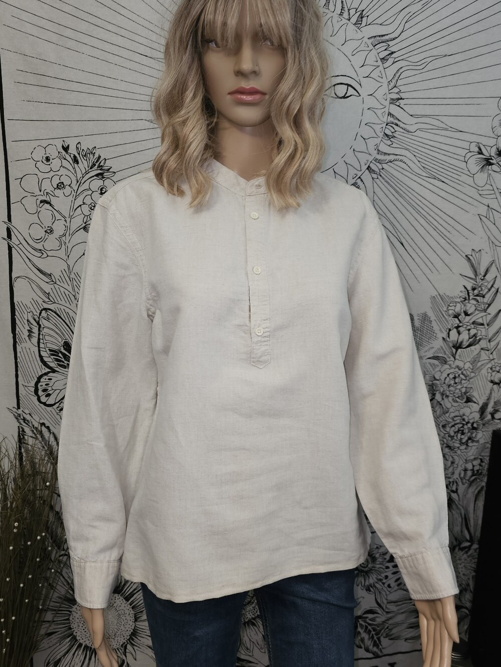 Zara Oatmeal 100% Linen Button-Front Long-Sleeve Top Small